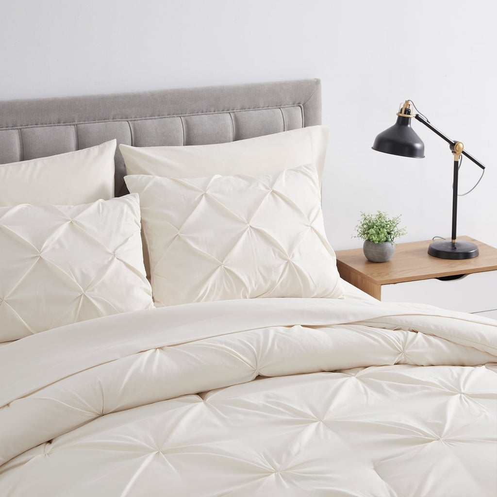 Comforter Set, 3-Piece, Queen, Pleated Wrinkle-Resistant Microfiber Bedding, Ivory, All-Season - Image 4