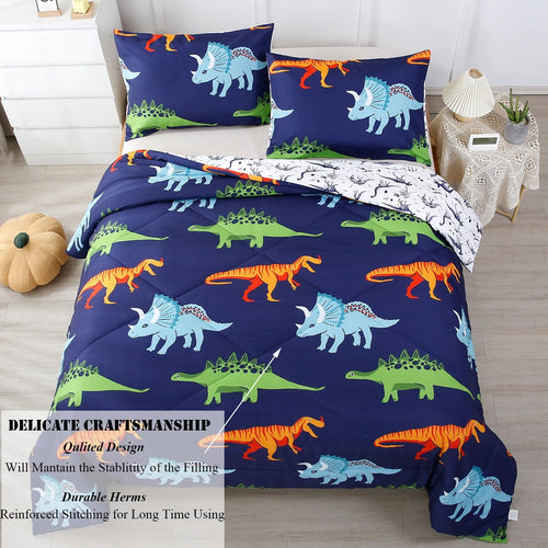 3 Pcs Dinosaur Twin Size Bedding Sets for Boys, Dinosaur Printing Boys Comforter Set, Blue and White Reversible Bed C... - Image 2