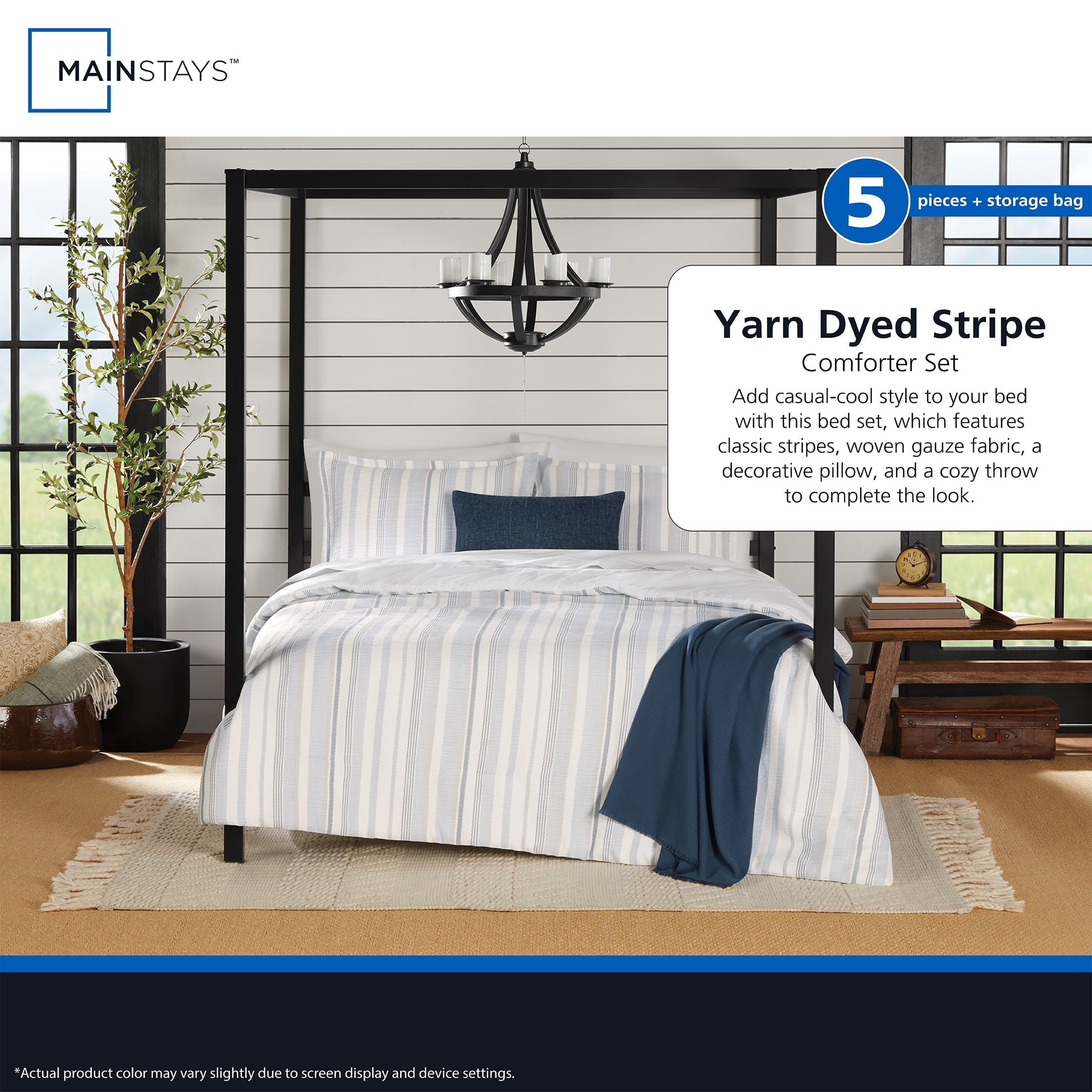 Mainstays Full/Queen Comforter Set, All-Season, 5-Piece, Blue Yarn Dyed Stripe - Image 6