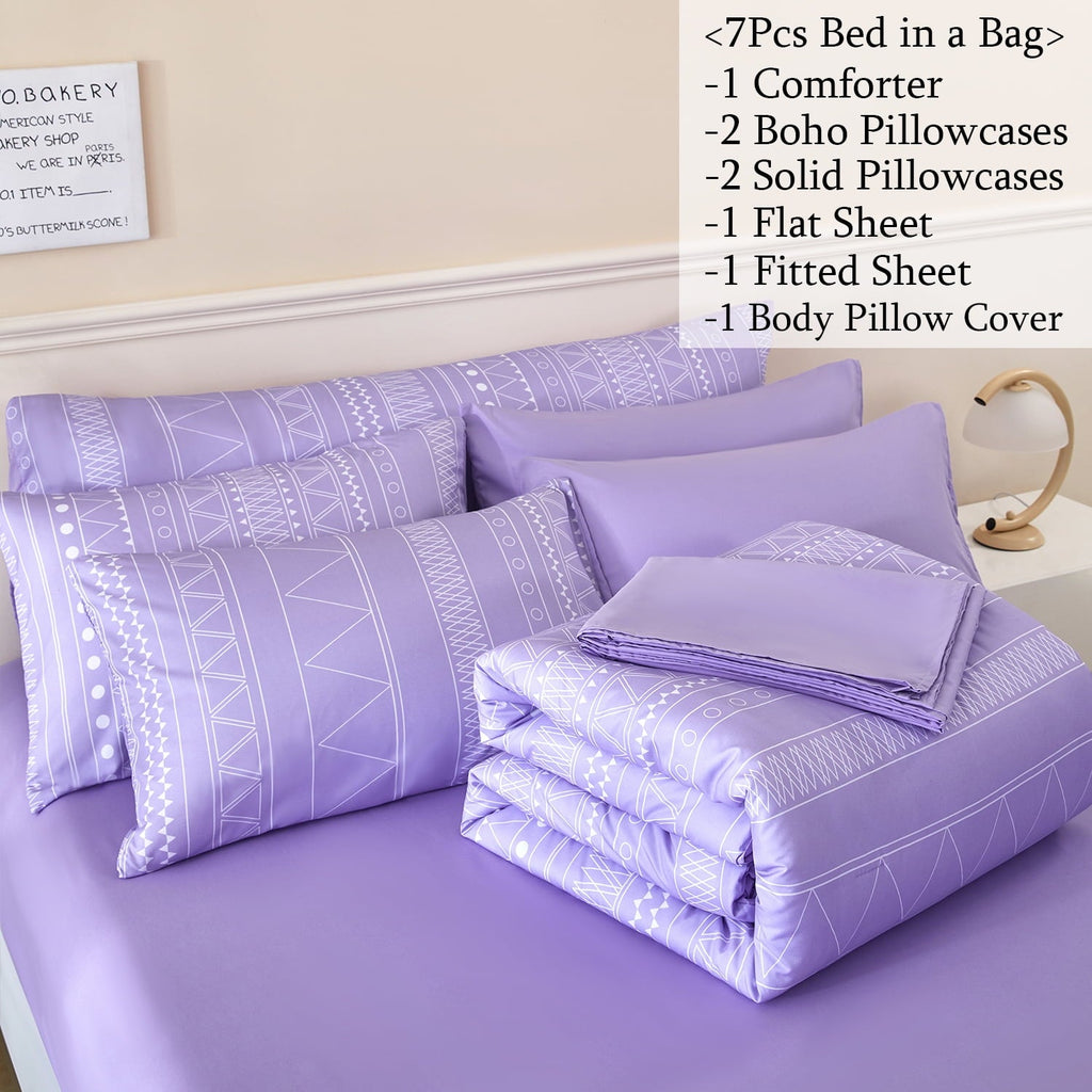 RYNGHIPY 8-Pieces Boho Bedding Set Full Lavender Striped Bed in a Bag for Girls Women Soft Fluffy Purple Comforter Set with Sheet for All Se - Image 2