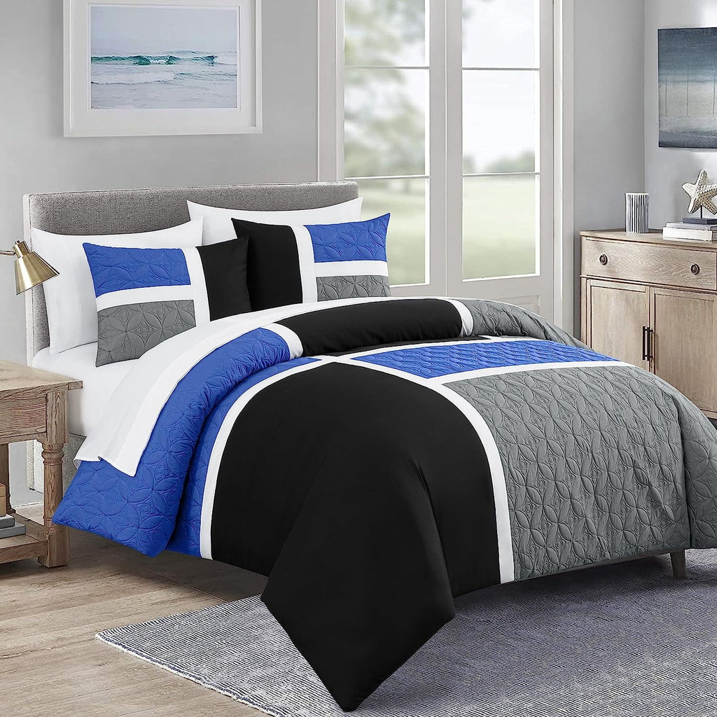 Chezmoi Collection Bernard 7-Piece Full Bed in a Bag Comforter Set with Sheets, Lightweight Comforter Blue Black Gray Patchwork Quilted Meda