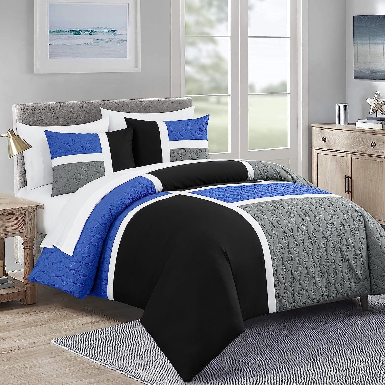 Chezmoi Collection Bernard 7-Piece Full Bed in a Bag Comforter Set with Sheets, Lightweight Comforter Blue Black Gray Patchwork Quilted Meda