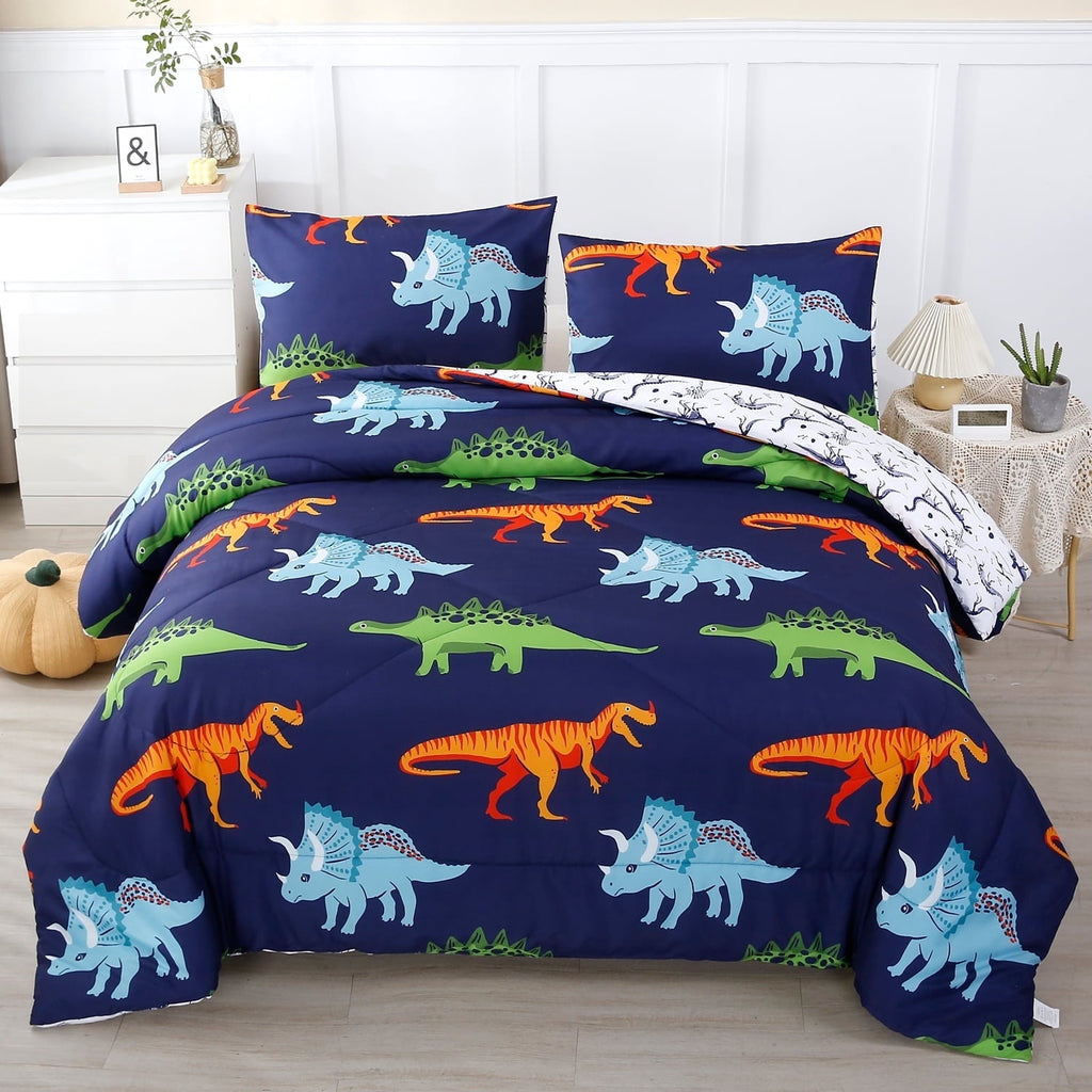 3 Pcs Dinosaur Twin Size Bedding Sets for Boys, Dinosaur Printing Boys Comforter Set, Blue and White Reversible Bed C...