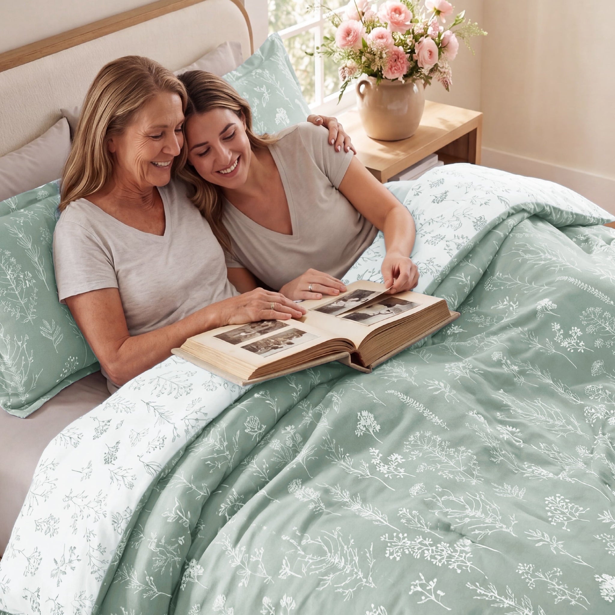 3 Pieces Sage Green Queen Size Comforter Sets, Cute Flowers Botanical Lightweight Soft Bedding Set with 2 Pillow Shams - Image 3