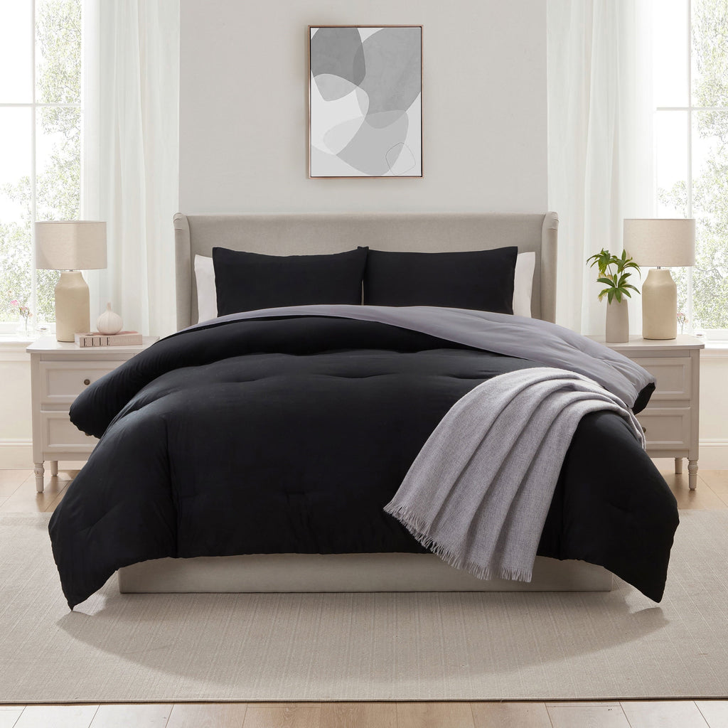 Comforter Sets, All Season Lightweight Reversible Queen Comforter Set, 3-Pc Bedding Sets, Black/Charcoal gray - Image 3