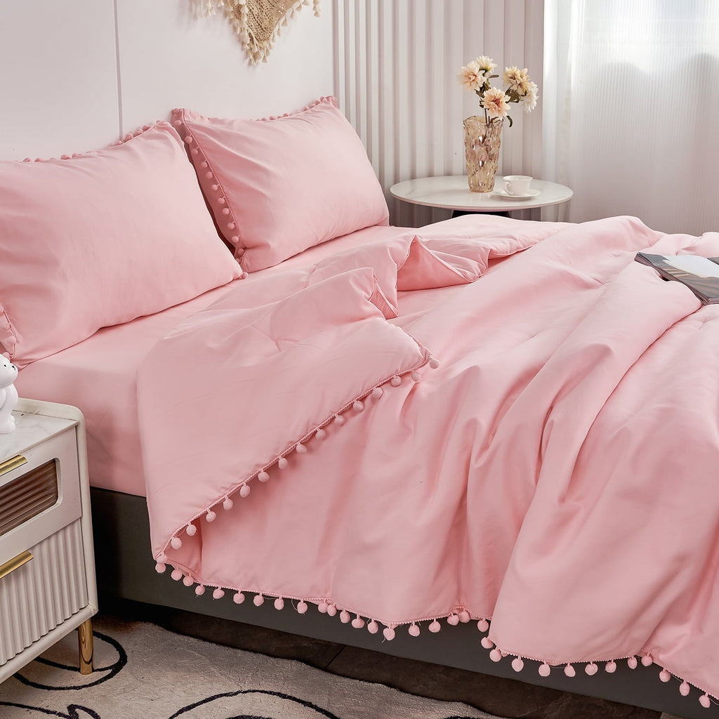 Pink Full Size Comforter Set Pom Fringe 3 Pcs Boho Chic Cute Ball Pom Blush Bedding Set Cali Soft Lightweight Solid B... - Image 3